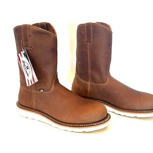 Tan mid-calf pull-on work boots with thick rubber sole and rounded toe